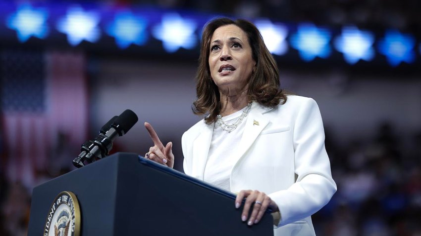 Vice President Kamala Harris speaks at a campaign rally at the Enmarket Arena Aug. 29, 2024 in Savannah, Georgia.